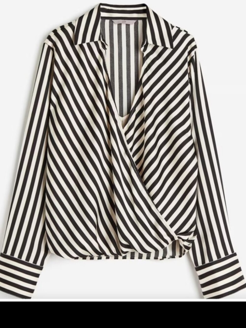 H&M Black & Cream Stripe Satin Faux Wrap Blouse